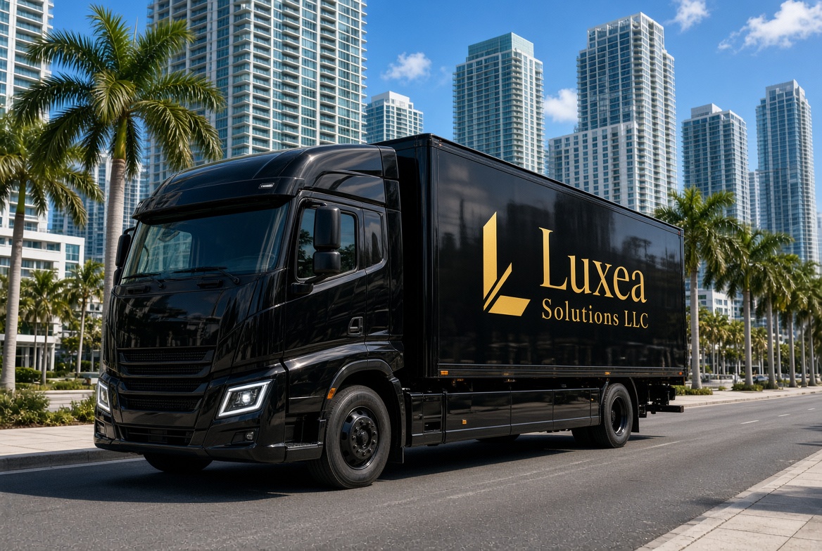 Luxea Solutions LLC black moving truck in Miami